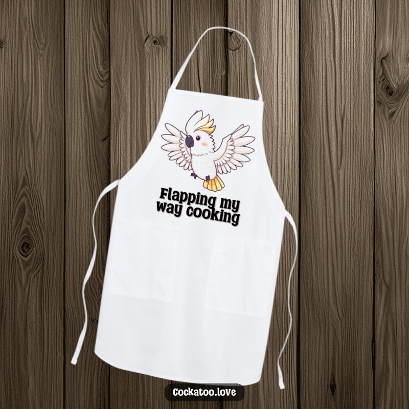 Funny Cockatoo Apron: A cockatoo with wings outstretched is depicted as a pilot, bringing funny adventure to any kitchen task.