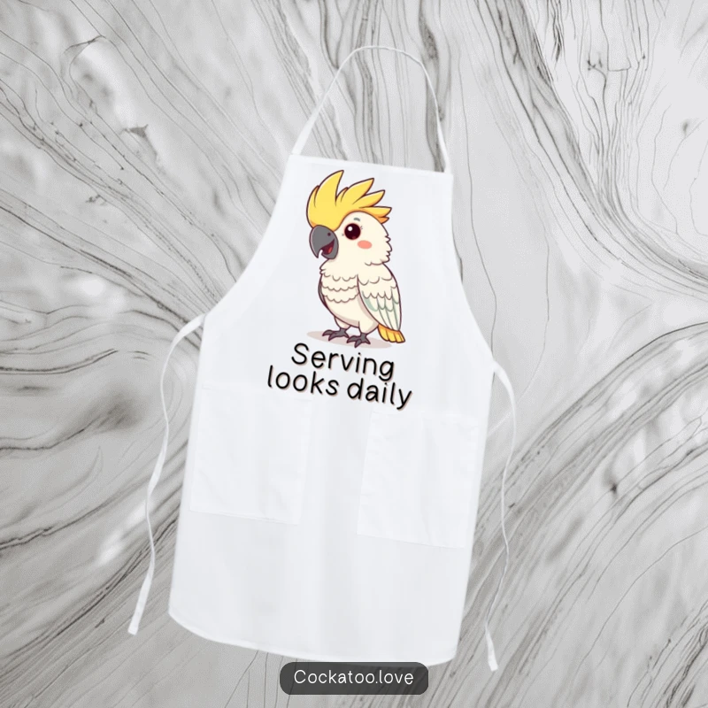 Funny cockatoo apron with a cheerful nodding bird and pink crest, perfect for kitchen fun.