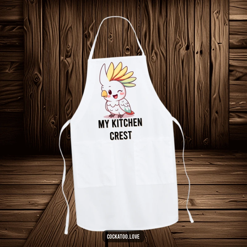 Funny cockatoo apron, happy bird character, vibrant crest raised, cute kitchen wear, cooking with personality.