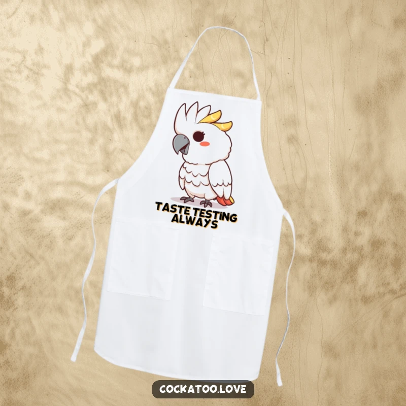 Funny apron with a cockatoo character sporting a mischievous grin and playfully pecking, perfect for kitchen fun.