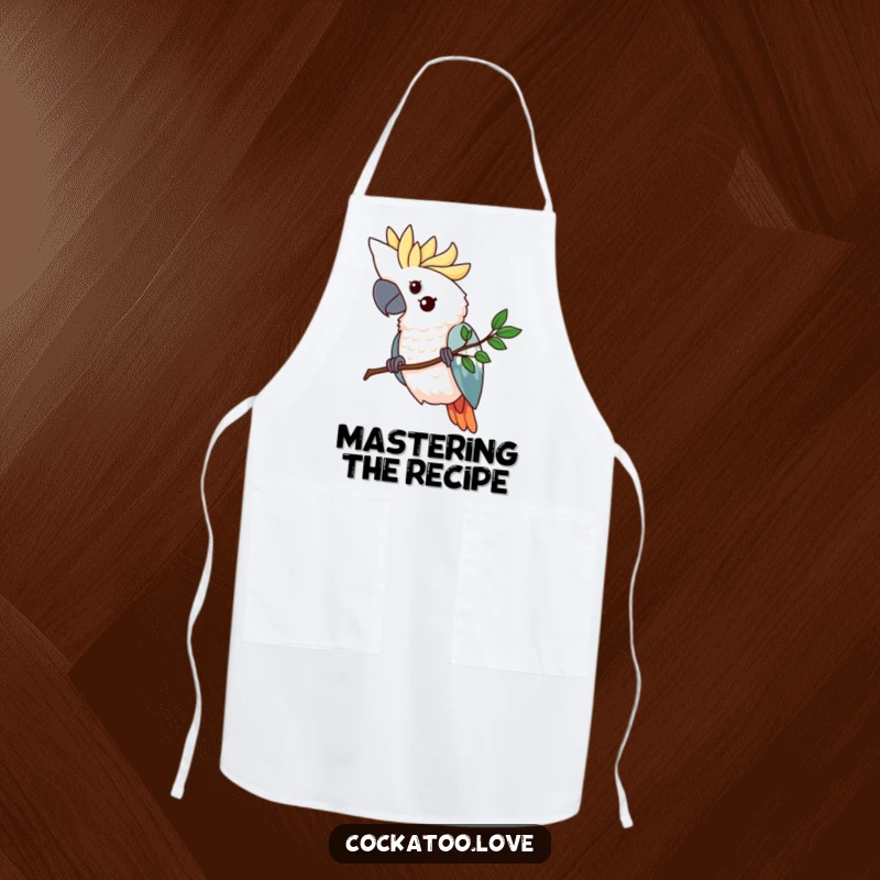 Funny cockatoo apron featuring a determined bird gripping a tiny, stylized branch, ideal for a focused and tenacious cooking experience.