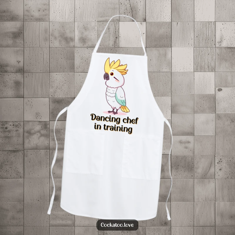 Funny Cockatoo Dancer Apron: Whimsical bird character amusingly mimicking a dancer while wearing a chef's hat.