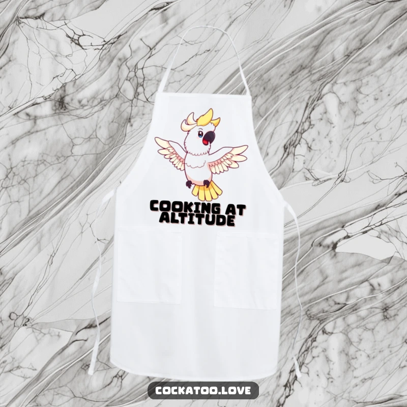 Funny cockatoo apron featuring a happy bird with spread wings in mid-flight, perfect for adding a touch of joyful adventure to cooking.