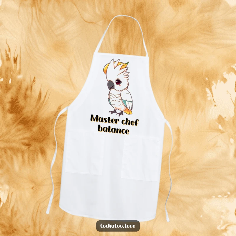 Funny kitchen apron featuring a determined cockatoo with a focused gaze, balancing a large fruit on its head.