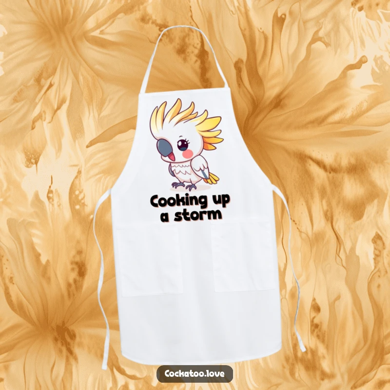 Funny cockatoo apron featuring a cute, colorful crested bird energetically bobbing its head, perfect for a cheerful and fun cooking experience.