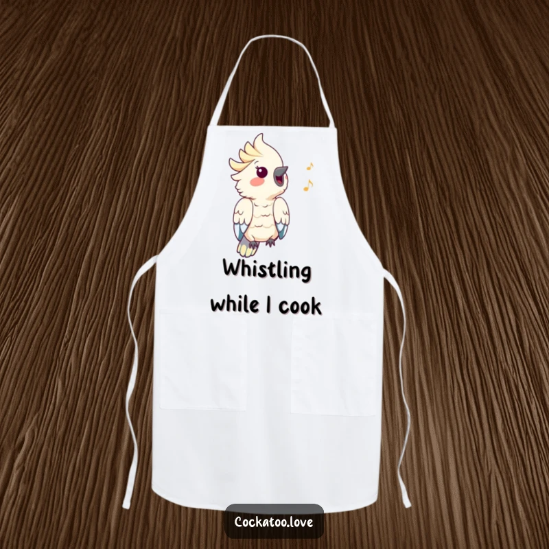 Funny Cockatoo Apron: A cockatoo whistles a happy tune with musical notes, ready to bring funny energy to the kitchen.