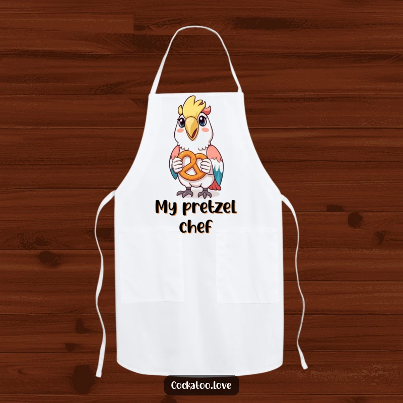 Funny apron featuring a happy cockatoo holding a tiny pretzel, perfect for adding snack-time humor to cooking.