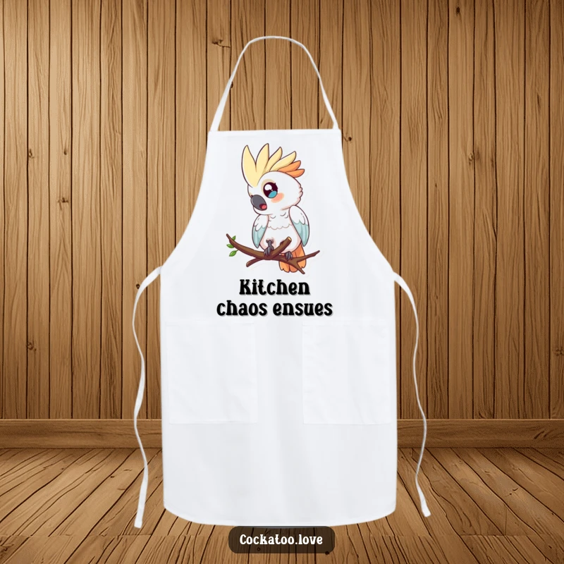 Funny kitchen apron featuring a surprised cockatoo character with wide eyes, comically tumbling from a branch.