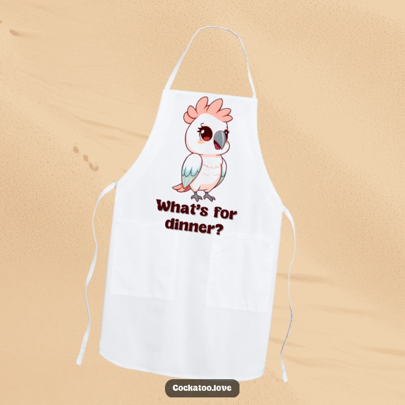 Funny apron showing a cockatoo bird tilting its head with curious eyes. This kitchen accessory is both practical and inquisitive.