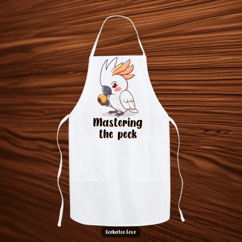 Funny Apron featuring a determined cockatoo character intently pecking a seed, perfect for kitchen focus and a witty funny gift.