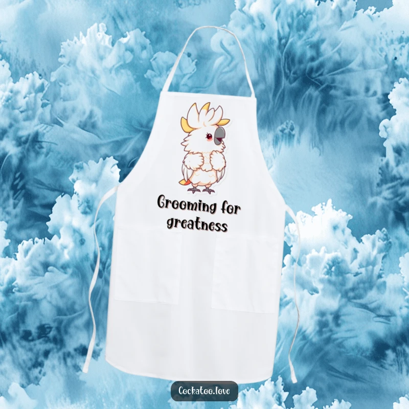 Funny Fluffy Cockatoo Apron showing a delightful cockatoo preening its feathers with an expression of pure happiness, perfect for the kitchen.