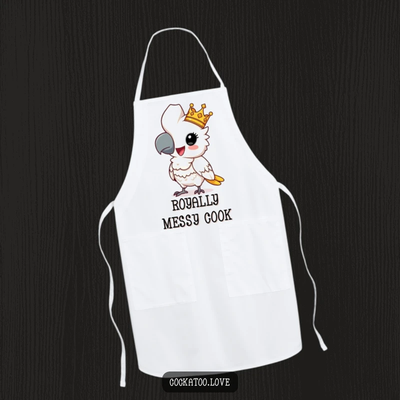Funny cockatoo apron featuring a comical bird king with a crown, striking a regal pose while cooking, a humorous kitchen accessory.