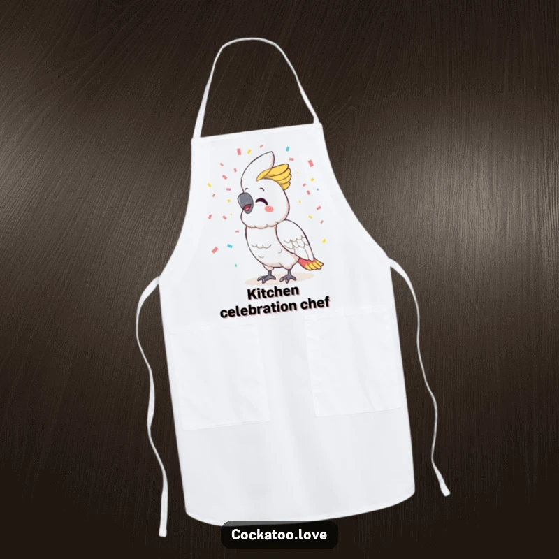 Funny cockatoo apron, wide smile, scattering confetti while cooking, adding a playful and celebratory touch to kitchen duties.