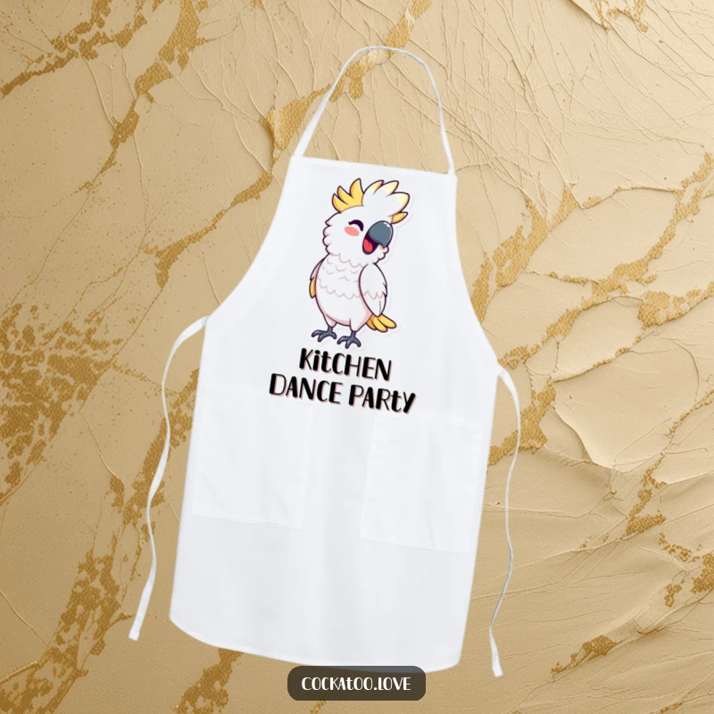 Funny Apron showing a cockatoo character bobbing rhythmically with a smile, adding humor and energy to the kitchen and making a great funny gift.