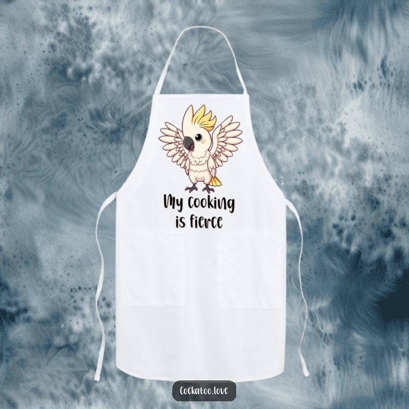 Funny apron showing a dramatic cockatoo bird striking a pose with wings spread. This kitchen accessory is both practical and theatrical.