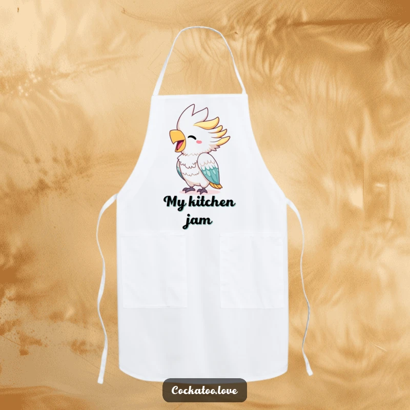 Funny cockatoo apron featuring a cheerful bird with a bright beak squawking with delight, ideal for a fun and expressive cooking experience.