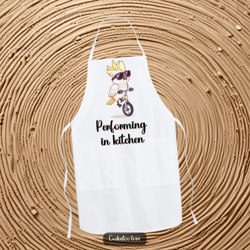 Funny cockatoo apron, wearing sunglasses, masterfully riding a unicycle while cooking, bringing a humorous and stylish flair to the kitchen.