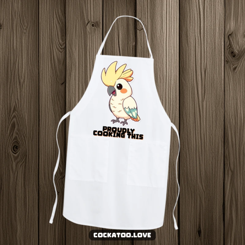Funny cockatoo apron, showing a bird with its crest comically puffed up, exuding an air of proud culinary confidence.