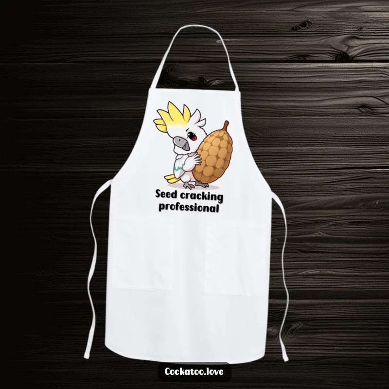 Funny cockatoo apron, depicting a determined bird cracking a giant seed with a comical grin, ideal for kitchen fun.