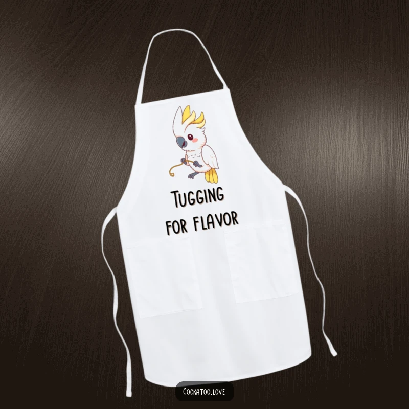 Funny Cockatoo Apron: A cockatoo playfully tugs on a string, looking mischievous and ready for funny kitchen adventures.