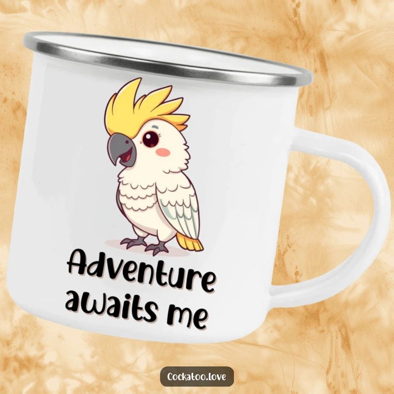 Funny cockatoo camping mug featuring a cheerful nodding bird with a flamboyant crest, ideal for outdoors.