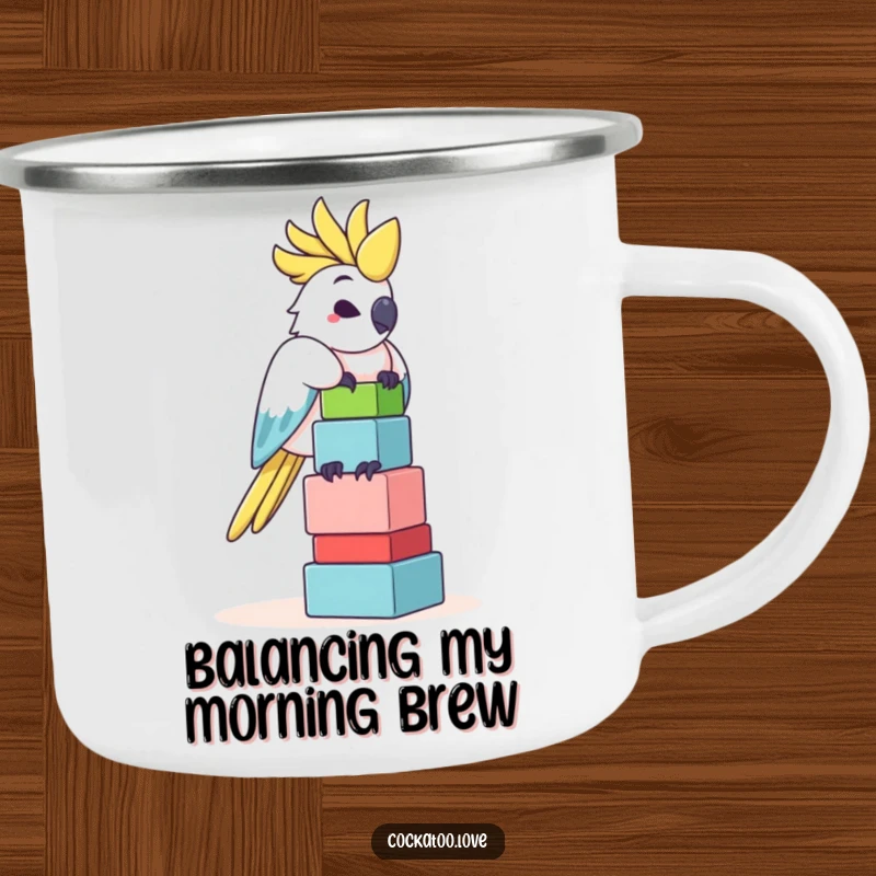 Funny Cockatoo Camping Mug: A hardy cockatoo balances colorful blocks, ready for any adventure, bringing funny vibes to your camp.