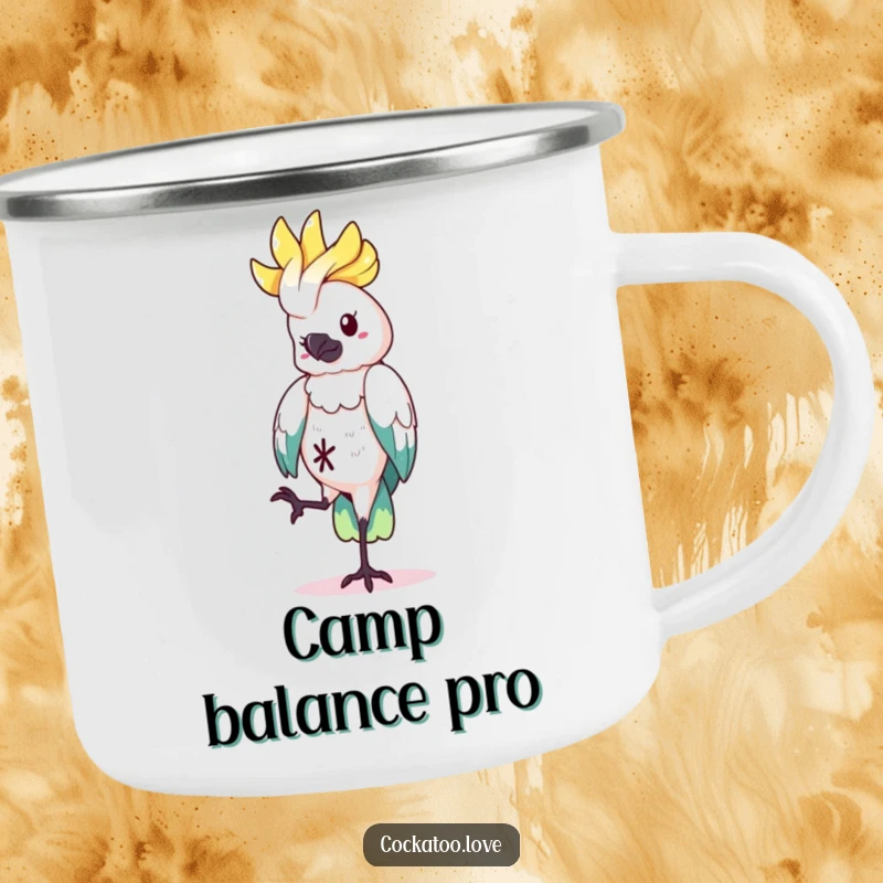 Funny Camping Mug showing a cockatoo character balancing on one leg, perfect for outdoor quirkiness and a memorable funny gift.