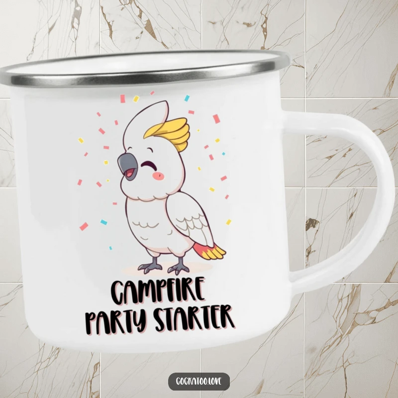 Funny cockatoo camping mug, beaming smile, throwing confetti, perfect for outdoor celebrations and enjoying drinks in nature.