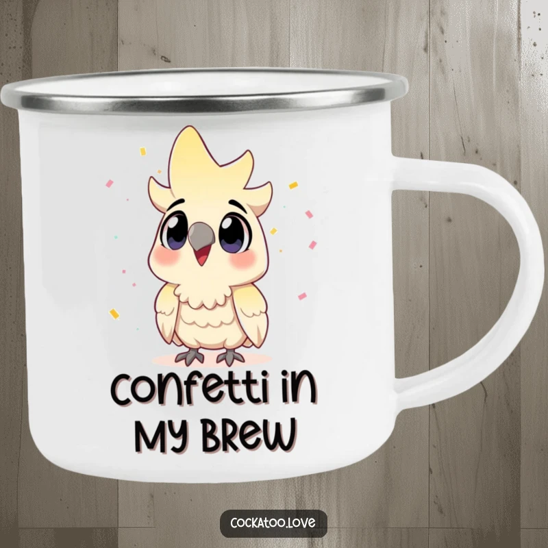 Funny Cockatoo Camping Mug: Excited bird celebrating under a confetti shower, perfect for adventures.
