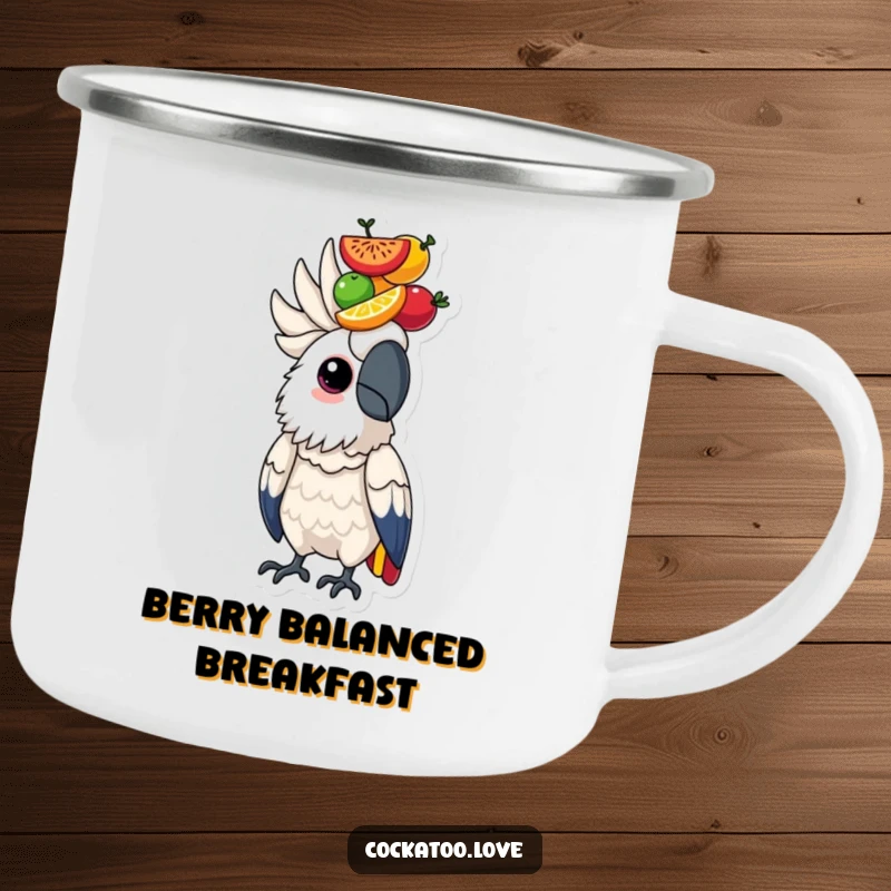 Determined cockatoo camping mug with a bird character balancing a colorful stack of fruits on its head, for focus.