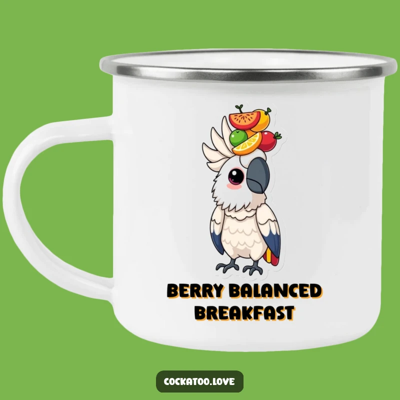 Determined Cockatoo Fruit Camping Mug: Focused Bird Cup, Funny Outdoor Gift!