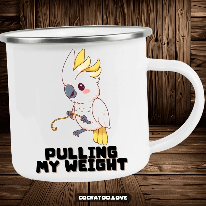 Funny Cockatoo Camping Mug: A cockatoo playfully tugs on a string, bringing funny and adventurous vibes to your camping trips.