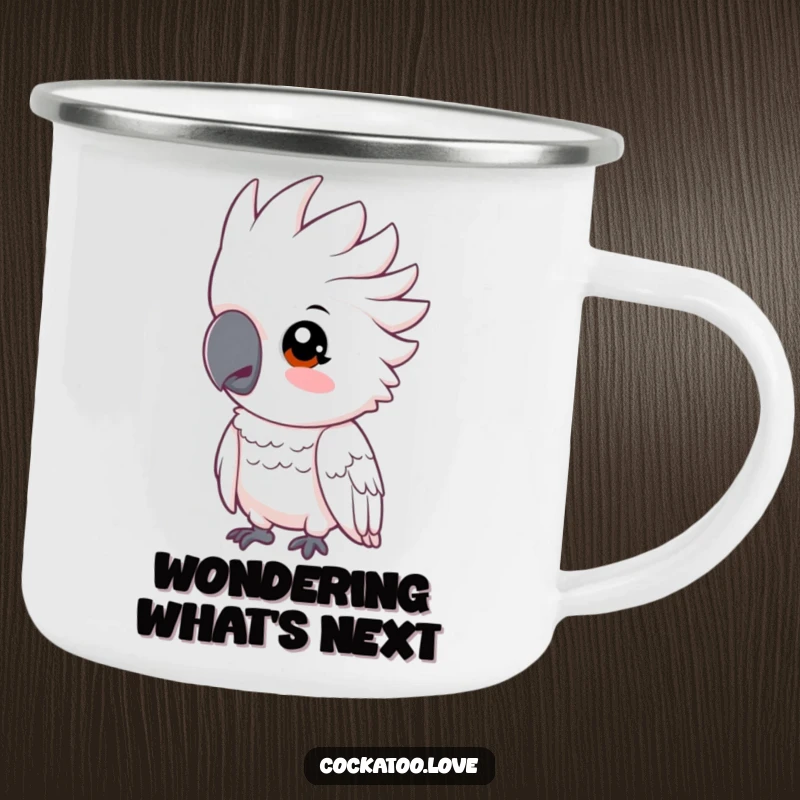 Funny cockatoo camping mug showing a bird tilting its head inquisitively, ideal for adventurers.