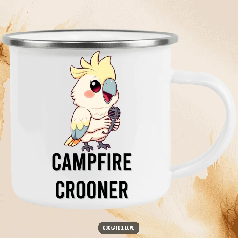 Funny cockatoo camping mug showing a smiling bird holding a tiny microphone, ideal for music lovers.