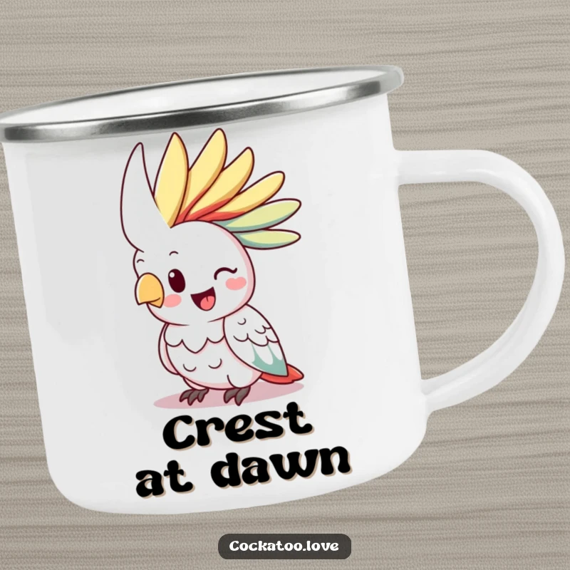 Funny cockatoo camping mug, happy bird character, vibrant crest raised, durable and cheerful outdoor cup.