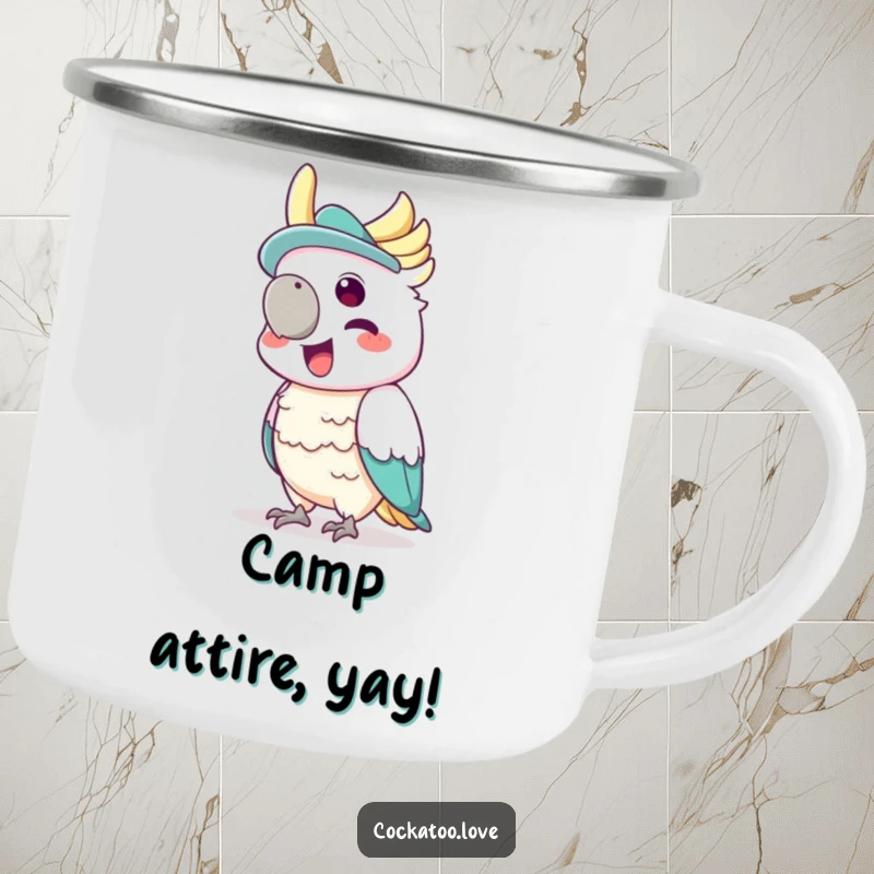 Funny enamel camping mug featuring a cockatoo wearing a tiny hat, joyfully squawking with glee.