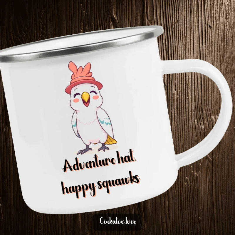 Funny Cockatoo Hat Camping Mug a playful bird in a tiny hat squawks happily, making this durable enamel mug a humorous addition to any camping trip.