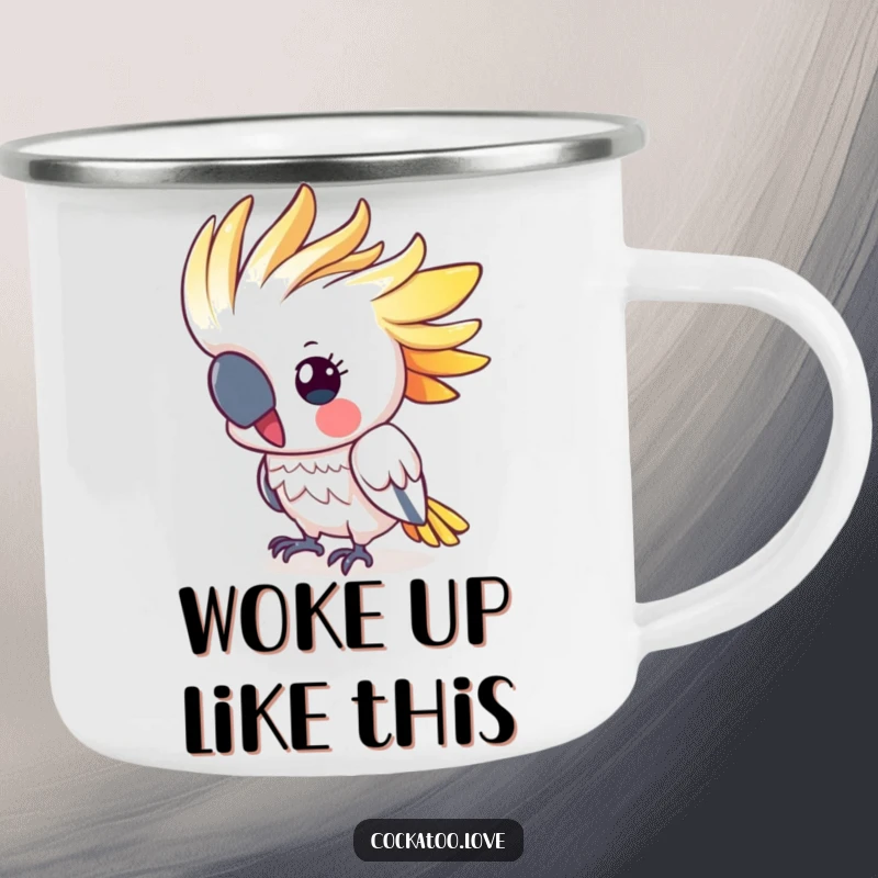 Funny cockatoo camping mug with a cute, colorful crested bird energetically bobbing its head, perfect for enjoying drinks in the great outdoors.