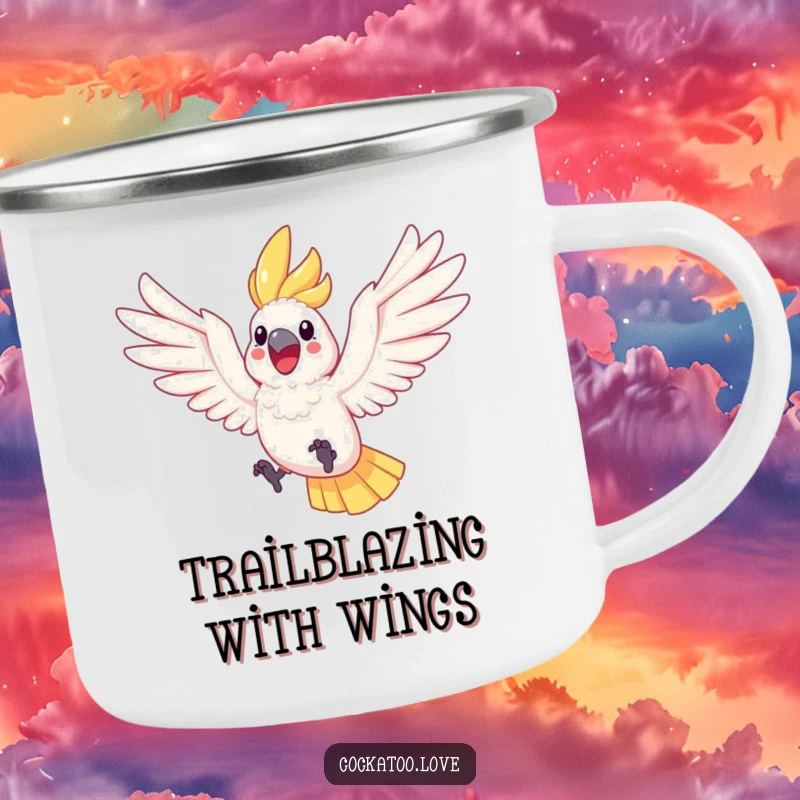 Funny Cockatoo Leaping Camping Mug a joyful cockatoo with wings spread leaps through the air, making this enamel mug a fun companion for camping.