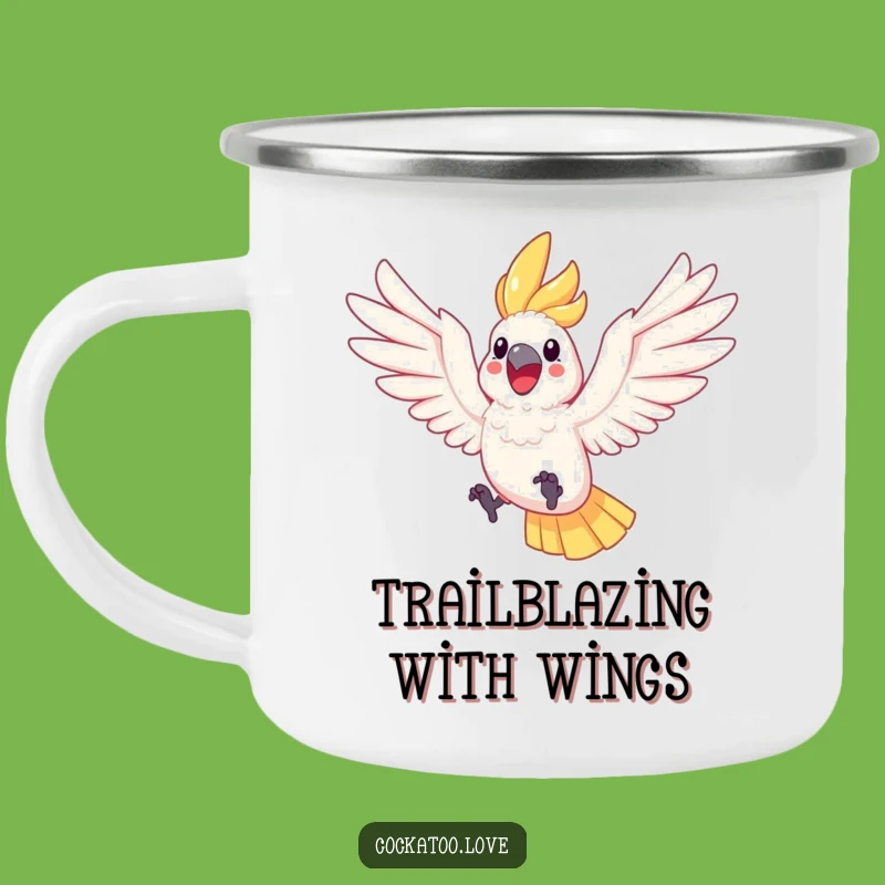 Funny Cockatoo Leaping Camping Mug A Joyful Bird Enamel Mug for Outdoors