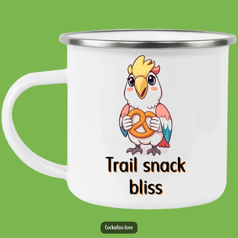 Funny Cockatoo Pretzel Camping Mug: Trail Snacks & Bird Fun, Hilarious Gift!