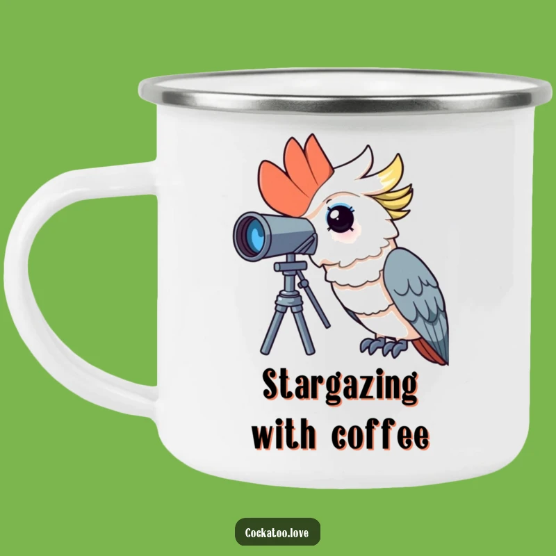 Funny Curious Cockatoo Camping Mug: Explorer Bird Enamel Cup, Perfect Adventure Gift