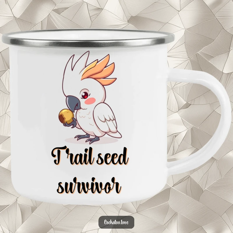 Funny Camping Mug showing a determined cockatoo character focused on pecking a seed, ideal for outdoor focus and a unique funny gift.
