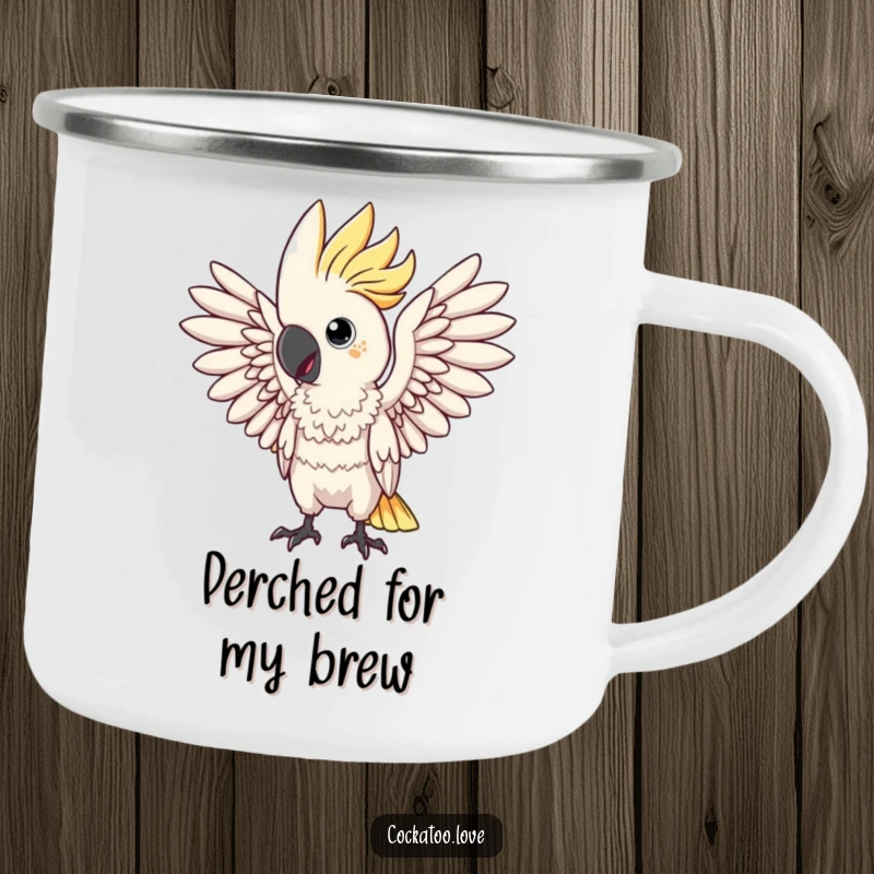Funny camping mug with a dramatic cockatoo bird striking a pose with wings spread. This durable mug is for the theatrical outdoorsman.