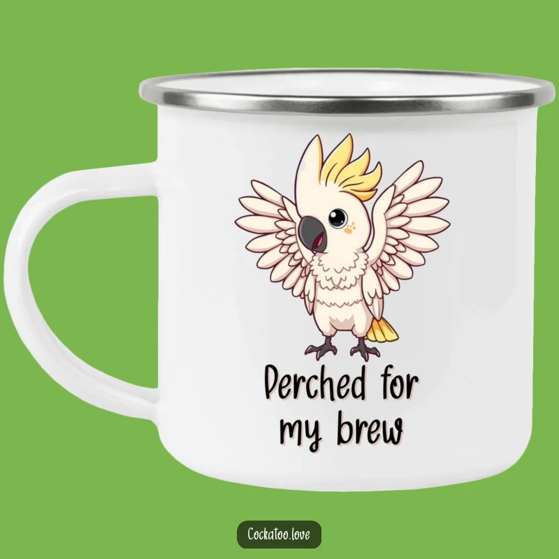 Funny Drama Cockatoo Camping Mug: Wing Pose, Theatrical Funny Gift