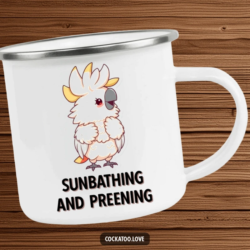 Funny Fluffy Cockatoo Camping Mug showing a delightful cockatoo preening its feathers with an expression of pure joy, durable for outdoors.