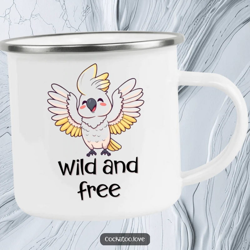 Funny camping mug: A happy cockatoo joyfully stretches its wings wide, perfect for humorous outdoor adventures and coffee lovers.