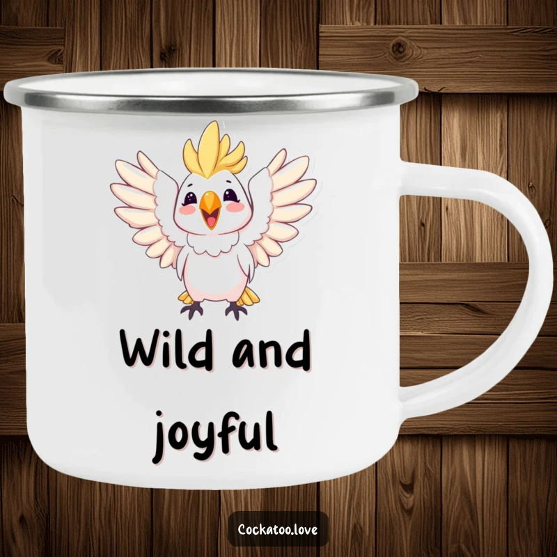 Funny enamel camping mug featuring a joyful cockatoo with wings spread wide, for happy outdoor moments.