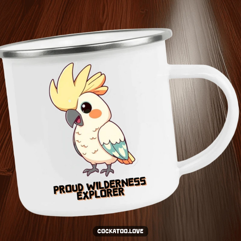Funny cockatoo camping mug, rugged and ready, featuring a bird with its crest comically puffed up in a proud display.