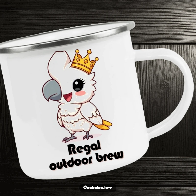 Funny cockatoo camping mug featuring a comical regal bird with a crown, striking a majestic pose, for outdoor humorous enjoyment.
